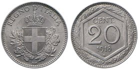 Vittorio Emanuele III (1900-1946) 20 Centesimi 1918 R - Nomisma 1290 NI Piccoli graffi sullo scudo
SPL+
