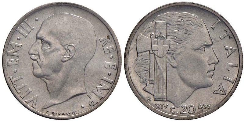 Vittorio Emanuele III (1900-1946) 20 Centesimi 1936 - Nomisma 1294 NI RR Sigilla...