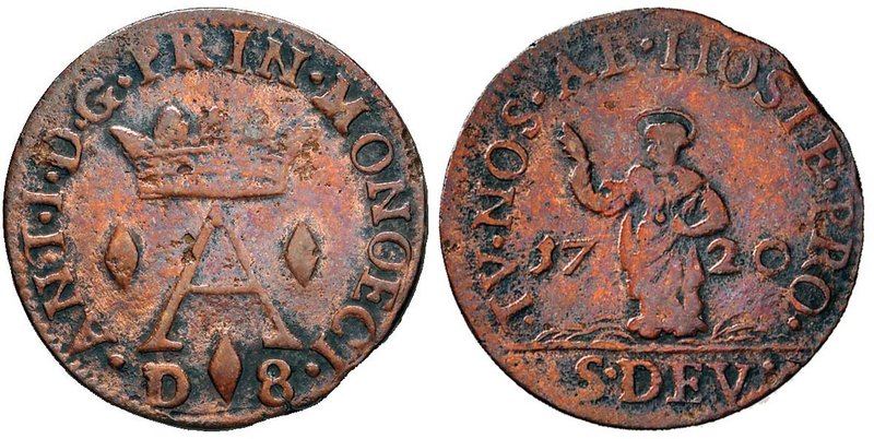 MONACO Antoine I (1701-1731) Dardenna di 8 denari 1720 - CU (g 4,06) RR
BB