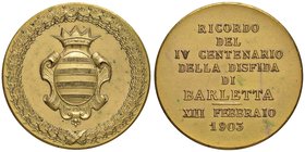 Anno 1903 - Barletta - Anniversario dei 400 anni della disfida della città Bronzo dorato - 39,7 mm - 27,72 g - R - Al dritto: Stemma coronato della ci...