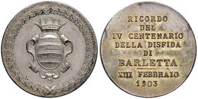 Anno 1903 - Barletta - Anniversario dei 400 anni della disfida della città Bronzo argentato - 39,5 mm - 29,52 g - R - Al dritto: Stemma coronato della...