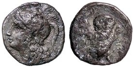 GRECHE - CALABRIA - Taranto - Dracma - Testa di Atena a s. /R Gufo con ali aperte su fulmine a d. Mont. 1651; S. Ans. 1317 (AG g. 2,96)
qBB