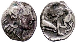 GRECHE - CALABRIA - Taranto - Diobolo - Testa di Atena a d. /R Ercole appoggiato con clava è aggrappato a un leone Mont. 1748 (AG g. 1,29)
qBB