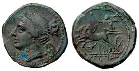 GRECHE - BRUTTIUM - Brettii - Emioncia ridotta - Busto diademato della Nike a s. /R Zeus su biga a s. con fulmine, sotto un bucranio Mont. 3171 (AE g....