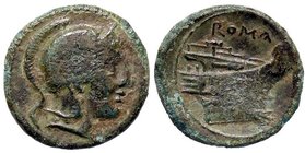 ROMANE REPUBBLICANE - ANONIME - Monete semilibrali (217-215 a.C.) - Quartoncia - Testa elmata di Roma a d. /R Prua di nave a d. Cr. 38/8 (AE g. 2,37)...