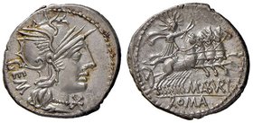 ROMANE REPUBBLICANE - ABURIA - M. Aburius M. f. Geminus (132 a.C.) - Denario - Testa di Roma a d. /R Il Sole su quadriga verso d. B. 6; Cr. 250/1 (AG ...