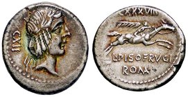 ROMANE REPUBBLICANE - CALPURNIA - L. Calpurnius Piso Frugi (90 a.C.) - Denario - Testa di Apollo a d. /R Cavaliere a d. regge una palma Cr. 340/1 (AG ...