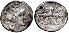 ROMANE REPUBBLICANE - CLAUDIA - Ap. Claudius Pulcher, T. Manlius Mancinus e Q. Urbinus (111-110 a.C.) - Denario - Testa di Roma a d. /R La Vittoria su...