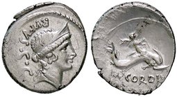 ROMANE REPUBBLICANE - CORDIA - Mn. Cordius Rufus (46 a.C.) - Denario - Testa di Venere Verticordia a d. /R Cupido su delfino a d. B. 3; Cr. 463/3 (AG ...