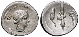 ROMANE REPUBBLICANE - NORBANA - C. Norbanus (83 a.C.) - Denario - Testa di Venere a d. /R Spiga, fascio di verghe con scure e caduceo B. 2; Cr. 357/1b...