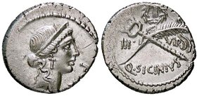 ROMANE REPUBBLICANE - SICINIA - Q. Sicinius (49 a.C.) - Denario - Testa della Fortuna a d. /R Caduceo alato e palma incrociati sormontati da una coron...