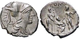 ROMANE REPUBBLICANE - VETURIA - Ti. Veturius (137 a.C.) - Denario - Busto di Marte a d. /R Due guerrieri stanti; fra di loro, personaggio con maialino...