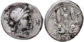 ROMANE IMPERIALI - Giulio Cesare († 44 a.C.) - Denario - Testa della Pietà a d. /R Trofeo con scudo e tromba gallica, a d. una scure B. 26; Cr. 452/2 ...