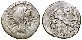 ROMANE IMPERIALI - Marc'Antonio († 30 a.C.) - Quinario - Testa velata e diademata a d. /R Due mani congiunte stringono un caduceo C. 67; Cr. 529/4b (A...