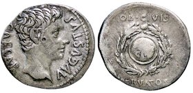 ROMANE IMPERIALI - Augusto (27 a.C.-14 d.C.) - Denario - Testa a d. /R Scudo entro corona C. 215; RIC 291 (AG g. 3,75) Contromarca al D/
BB+/BB