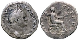 ROMANE IMPERIALI - Vespasiano (69-79) - Denario - Busto laureato a d. /R Vespasiano seduto a d. con scettro e ramo d'ulivo C. 387; RIC 85 (AG g. 3,09)...