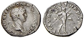 ROMANE IMPERIALI - Traiano (98-117) - Denario - Busto laureato e drappeggiato a d. /R Marte andante a d. con lancia e trofeo RIC 270 (AG g. 3,37)
BB