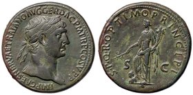 ROMANE IMPERIALI - Traiano (98-117) - Sesterzio - Testa laureata a d. /R La Pace stante a s. con ramo d'ulivo e cornucopia con un piede su un prigioni...