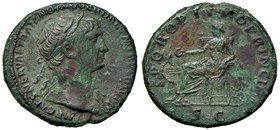 ROMANE IMPERIALI - Traiano (98-117) - Asse - Busto laureato a d. /R La Salute seduta a s. alimenta un serpente avvolto attorno ad altare C. 486 (AE g....