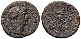 ROMANE IMPERIALI - Traiano (98-117) - Asse - Busto laureato a d. /R La Vittoria alata andante a s. con globo inscritto e palma C. 640 (AE g. 11,24)
B...