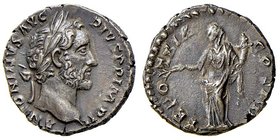 ROMANE IMPERIALI - Antonino Pio (138-161) - Denario - Testa laureata a d. /R La Pace stante a s. con ramo d'ulivo e cornucopia C. 979; RIC 252 (AG g. ...