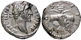 ROMANE IMPERIALI - Antonino Pio (138-161) - Denario - Testa laureata a d. /R Due mani congiunte stringono un caduceo e due spighe C. 344; RIC 136 (AG ...