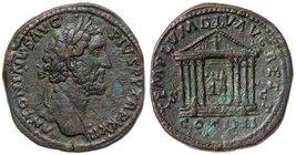 ROMANE IMPERIALI - Antonino Pio (138-161) - Sesterzio - Testa laureata a d. /R Tempio a otto colonne con le statue di Augusto e Livia seduti, sopra, u...