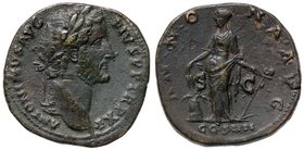 ROMANE IMPERIALI - Antonino Pio (138-161) - Sesterzio - Testa laureata a d. /R L'Abbondanza stante a s. con due spighe e ancora; ai suoi piedi a s., u...