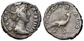 ROMANE IMPERIALI - Faustina I (moglie di A. Pio) - Denario - Busto drappeggiato e diademato a d. /R Pavone andante a d. retrospiciente C. 175; RIC 384...