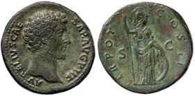 ROMANE IMPERIALI - Marco Aurelio (161-180) - Sesterzio - Testa a d. /R Pallade stante a d. con una lancia e si appoggia a uno scudo C. 572 (AE g. 23,1...