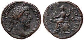 ROMANE IMPERIALI - Marco Aurelio (161-180) - Sesterzio - Testa laureata a d. /R Roma seduta a s. con Vittoria e scettro, dietro, uno scudo C. 281; RIC...