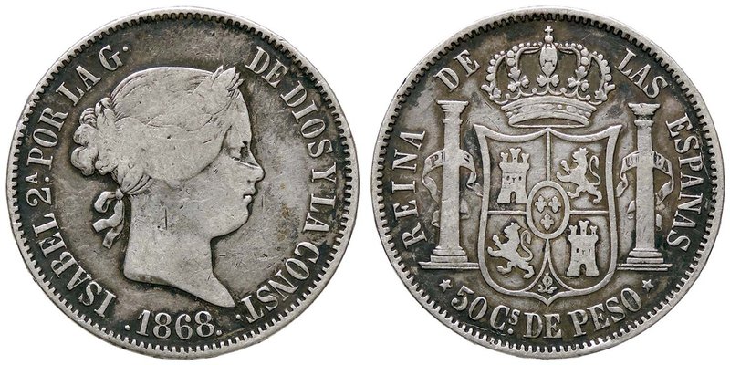 ESTERE - FILIPPINE - Isabella II (1833-1868) - 50 Centesimi 1868 Kr. 147 AG
qBB