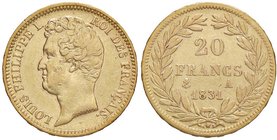ESTERE - FRANCIA - Luigi Filippo I (1830-1848) - 20 Franchi 1831 A Kr. 746.1 AU Bordo in rilievo
BB