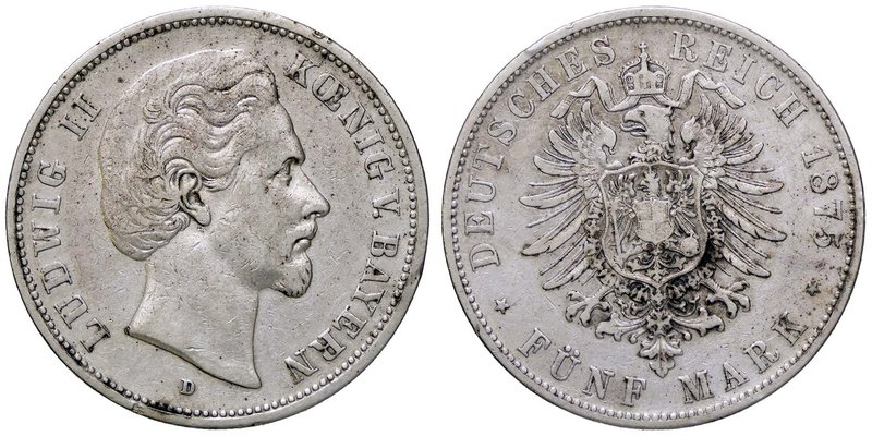 ESTERE - GERMANIA - BAVIERA - Ludwig II (1864-1886) - 5 Marchi 1875 D Kr. 502 AG...