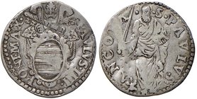 ZECCHE ITALIANE - ANCONA - Paolo IV (1555-1559) - Giulio - Stemma sormontato da tiara e chiavi decussate /R San Paolo stante con libro aperto (AG g. 2...