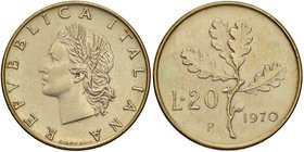 REPUBBLICA ITALIANA - Repubblica Italiana (monetazione in lire) (1946-2001) - 20 Lire 1970 Mont. 14 NC BT Contrassegno lettera P anziché R
SPL-FDC