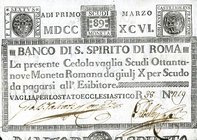 CARTAMONETA - STATO PONTIFICIO - Banco di S. Spirito di Roma (1786-1796) Tagli da 5 a 100 scudi Gav. 12 R da 89 scudi
bello SPL