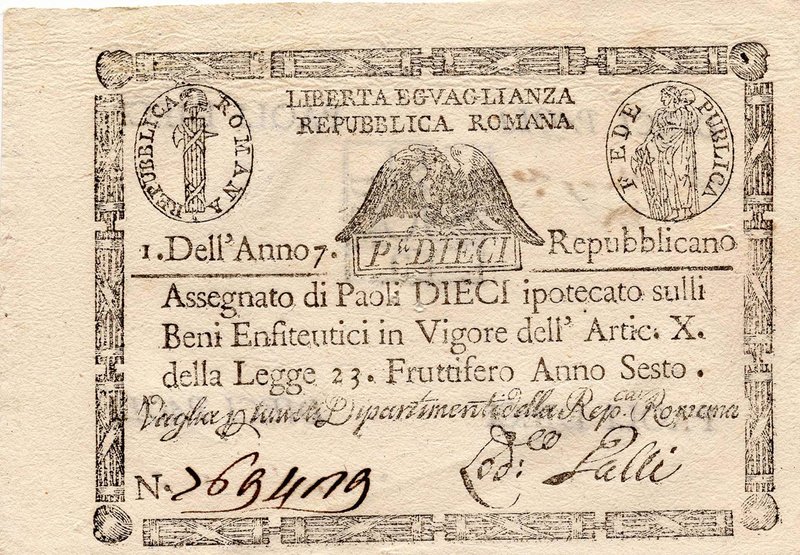 CARTAMONETA - STATO PONTIFICIO - Repubblica Romana Assegnati (1798) - 10 Paoli A...