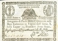 CARTAMONETA - STATO PONTIFICIO - Repubblica Romana Assegnati (1798) - 10 Paoli Anno 7 Gav. 68 Galli (retro cerchio)
BB+