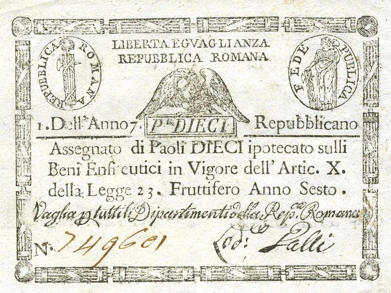 CARTAMONETA - STATO PONTIFICIO - Repubblica Romana Assegnati (1798) - 10 Paoli A...