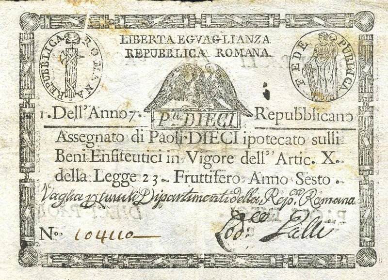CARTAMONETA - STATO PONTIFICIO - Repubblica Romana Assegnati (1798) - 10 Paoli A...