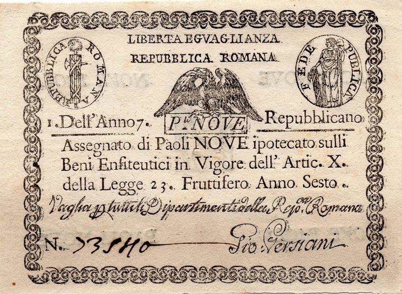 CARTAMONETA - STATO PONTIFICIO - Repubblica Romana Assegnati (1798) - 9 Paoli An...