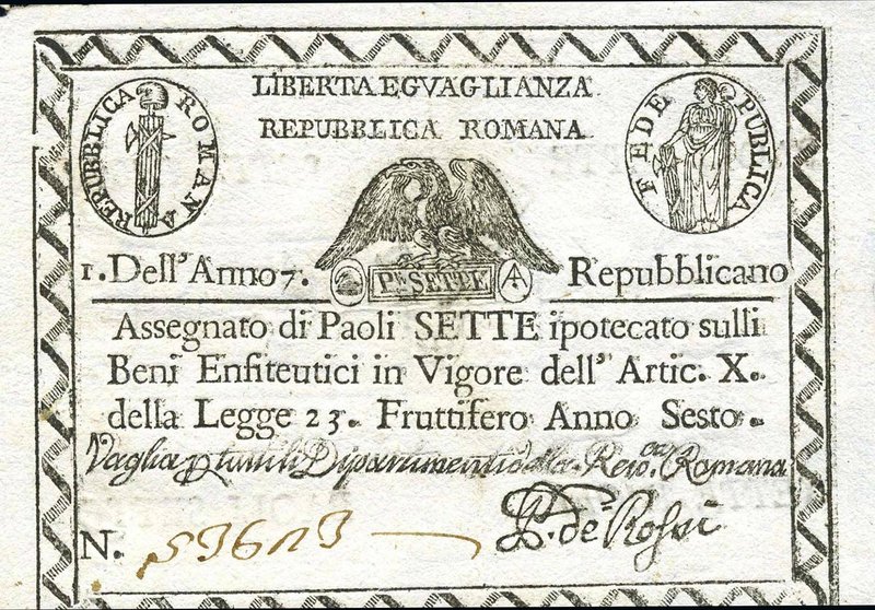 CARTAMONETA - STATO PONTIFICIO - Repubblica Romana Assegnati (1798) - 7 Paoli An...