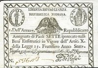 CARTAMONETA - STATO PONTIFICIO - Repubblica Romana Assegnati (1798) - 7 Paoli Anno 7 Gav. 65 Rossi
BB+