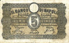 CARTAMONETA - NAPOLI - Fedi di Credito Biglietti - 5 Lire 01/08/1873 Gav. 90 RRR Ascione/Robba/Ghirardini
qBB