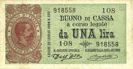 CARTAMONETA - BUONI DI CASSA - Umberto I (1878-1900) - Lira 27/05/1898 - Serie 108-116 Alfa 7; Lireuro 2E RRR Dell'Ara/Righetti Forellini da spillo
B...
