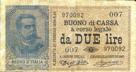 CARTAMONETA - BUONI DI CASSA - Umberto I (1878-1900) - 2 Lire 22/02/1894 - Serie 1-30 Alfa 21; Lireuro 6A RRRR Dell'Ara/Righetti
qBB