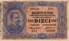 CARTAMONETA - BIGLIETTI DI STATO - Umberto I (1878-1900) - 10 Lire 05/02/1888 - Serie 291-340 Alfa 72; Lireuro 16A RRRR Dell'Ara/Crodara
BB+