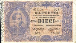 CARTAMONETA - BIGLIETTI DI STATO - Vittorio Emanuele III (1900-1943) - 10 Lire 31/08/1910 - Serie 971-1370 Alfa 75; Lireuro 17A RR Dell'Ara/Righetti
...