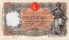 CARTAMONETA - BANCA d'ITALIA - Vittorio Emanuele III (1900-1943) - 50 Lire 28/12/1916 - Buoi Alfa 212; Lireuro 4C RR Stringher/Sacchi Restauri
BB